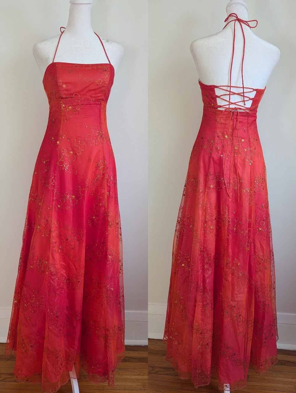 Glittery Scarlet Orange A Line Ball Gown W/Halter Square Neckline & Corset Back